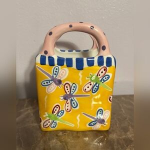 Vintage BELLA CASA Ceramic Gift Bag Dragonfly Vase/Planter-